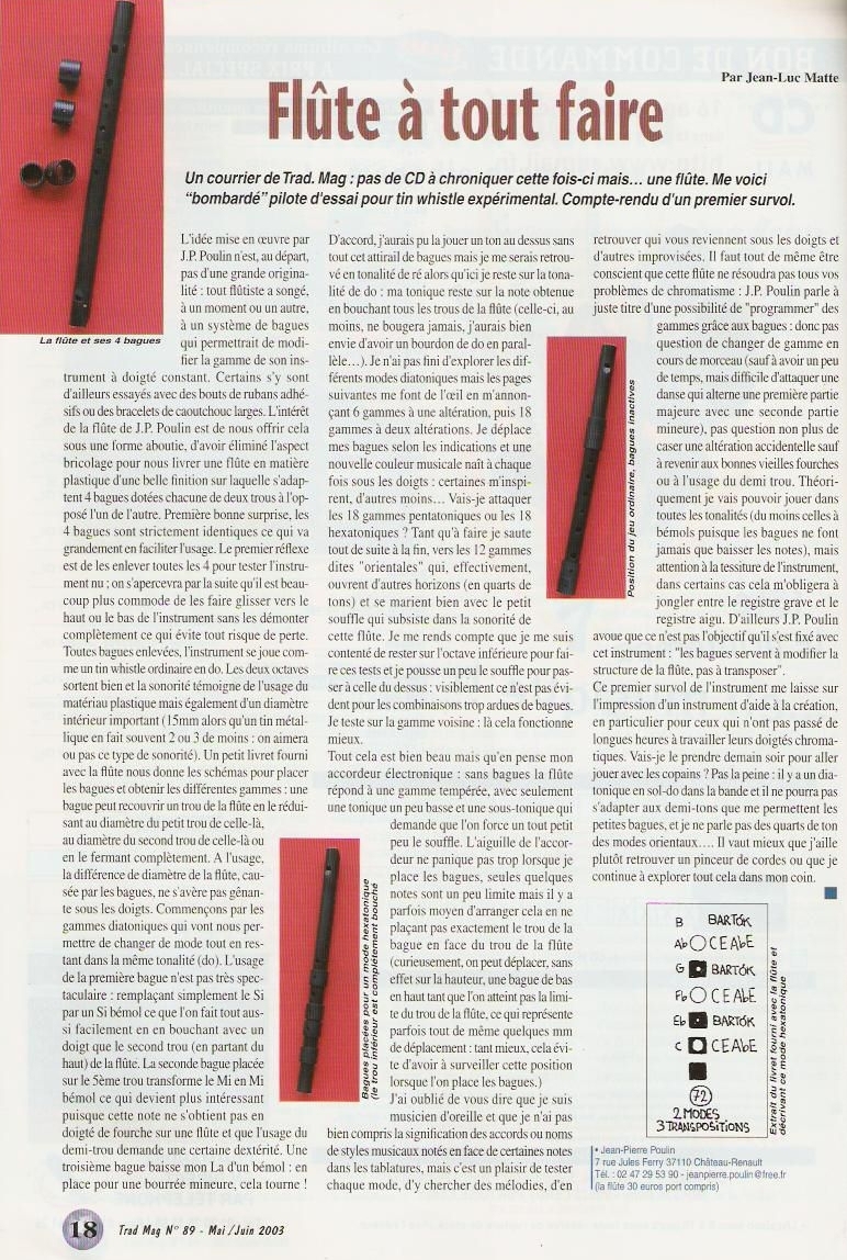 Article paru dans TRAD MAGAZINE n° 89 (mai/juin 2003) sur la flûte POULIN